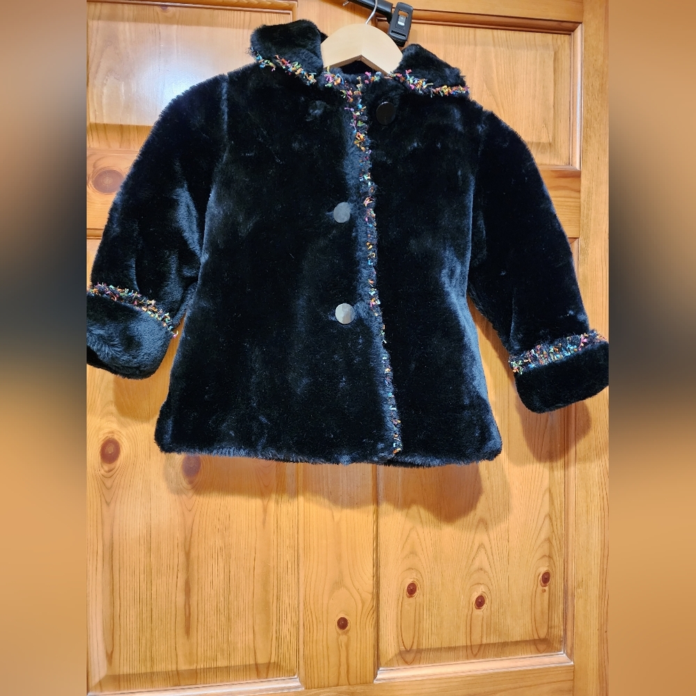 KC Collections Girls Jacket Black Faux Fur With Spashes of Color, Size L…